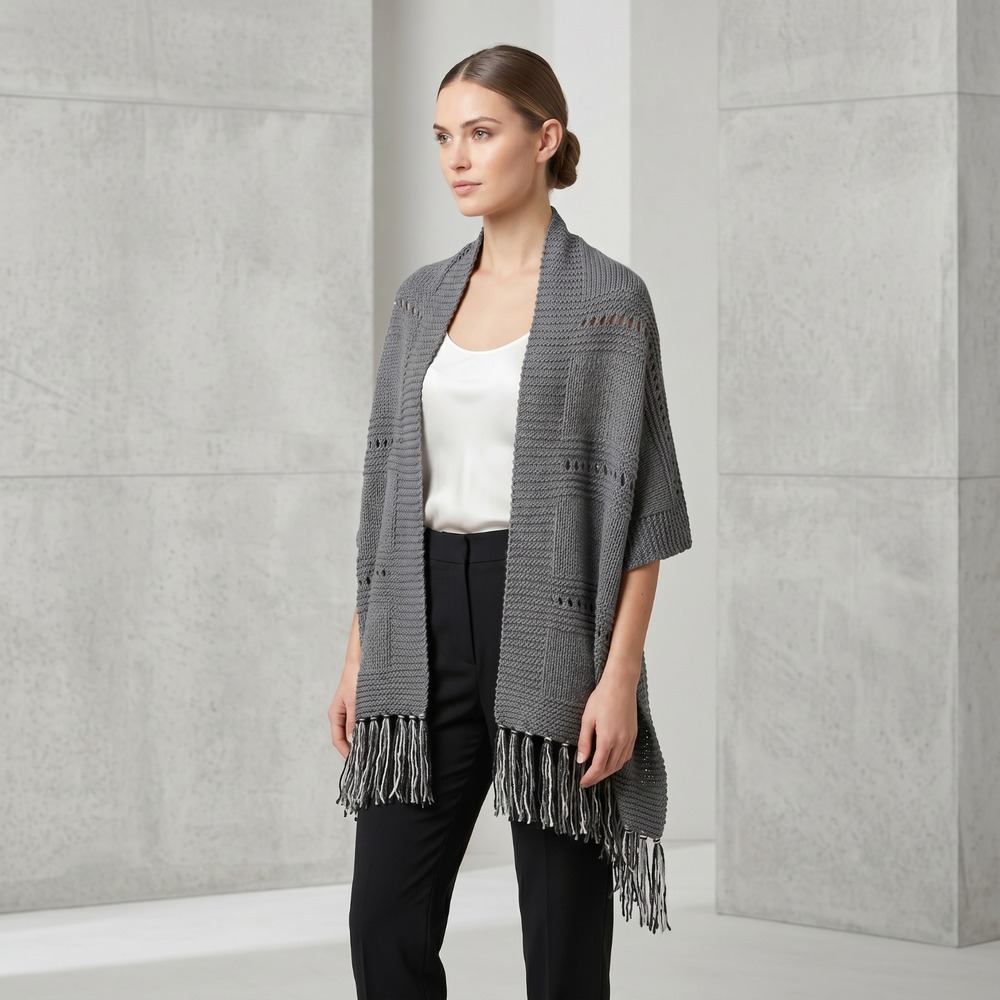 NEW Gray Hand Knitted Eyelet Shawl‎ Wrap Boho Hippie Fringe Indie Whimsigoth Art